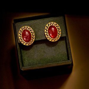 Trifari Red and Gold Oval Earrings